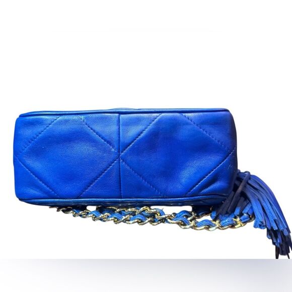 CHANEL Quilted Tassel CC Camera Bag Case Blue Lambskin Auth 1980s Crossbody - Picture 3 of 16
